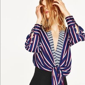 Zara Striped Bodysuit Top Blouse with Front Knot